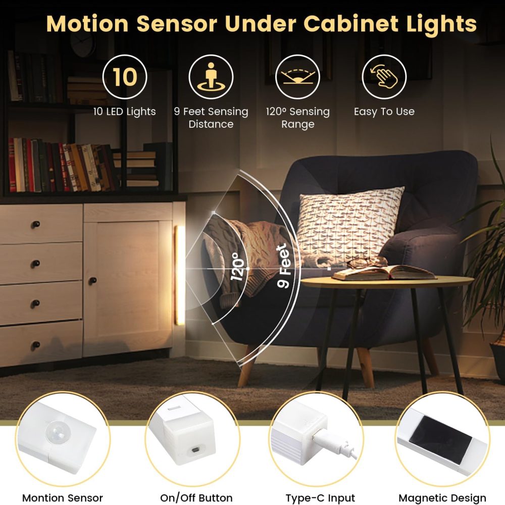 5 Pack Motion Sensor Under Cabinet Lights with Magnetic, LED Rechargeable 8 Inch Under Counter Closet Lights for Wardrobe Cupboard Kitchen - Image 3