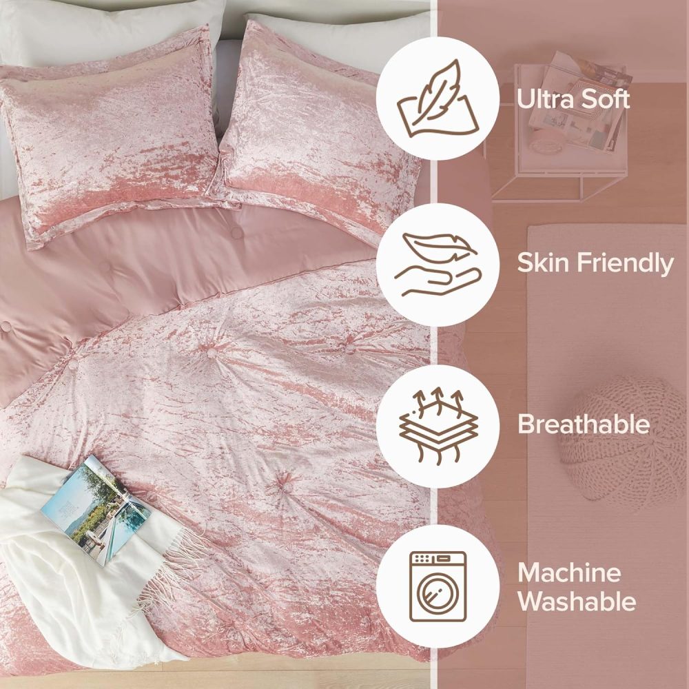 Comfort Spaces Juliette Luxe Comforter Set Velvet Lush with Soft Brushed Microfiber Reverse, All Season Cozy Velvet Bedding Sets, Fluffy Comforter Bed Set, Matching Sham, Blush Full/Queen 3 Piece - Image 3