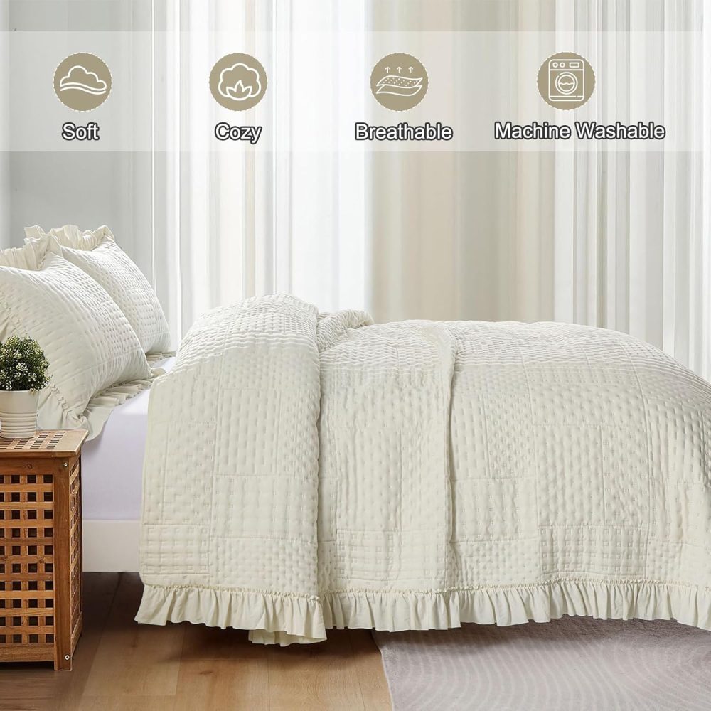 DJY Beige Queen Set Ruffled Quilt Set 3 Pieces Ultrasonic Quilt with Classic Patchwork Pattern Soft Microfiber Reversible Bedspread All Seasons Bedding Set (Queen Beige 96"x90") - Image 4