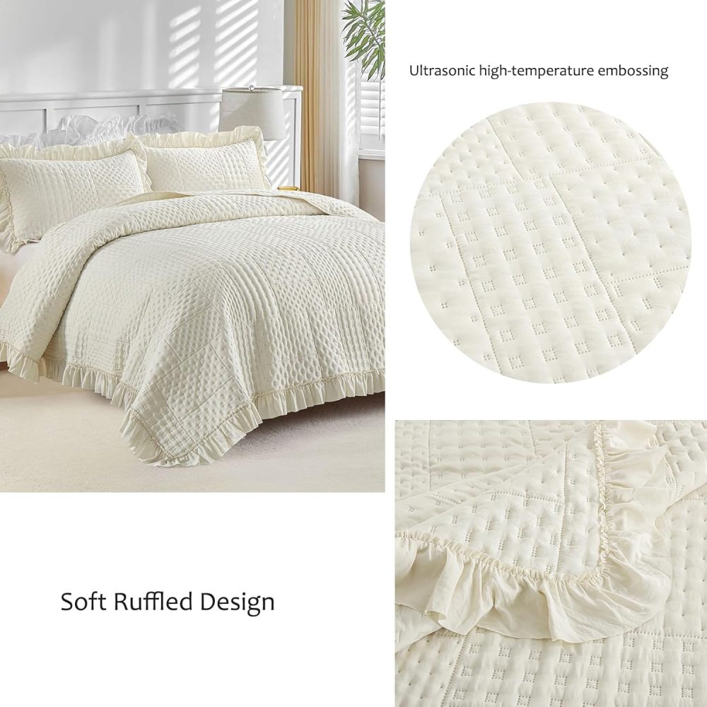 DJY Beige Queen Set Ruffled Quilt Set 3 Pieces Ultrasonic Quilt with Classic Patchwork Pattern Soft Microfiber Reversible Bedspread All Seasons Bedding Set (Queen Beige 96"x90") - Image 5