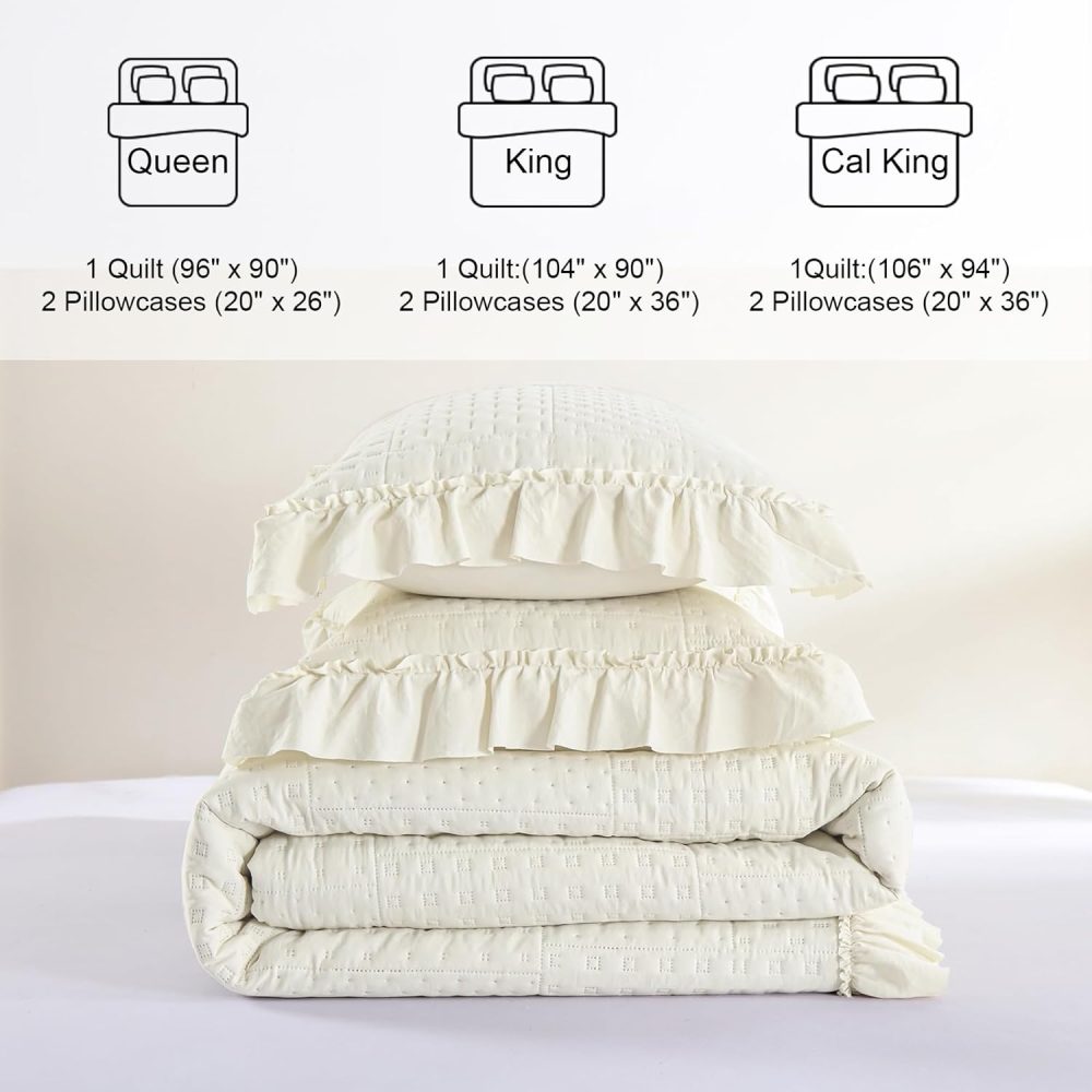 DJY Beige Queen Set Ruffled Quilt Set 3 Pieces Ultrasonic Quilt with Classic Patchwork Pattern Soft Microfiber Reversible Bedspread All Seasons Bedding Set (Queen Beige 96"x90") - Image 6