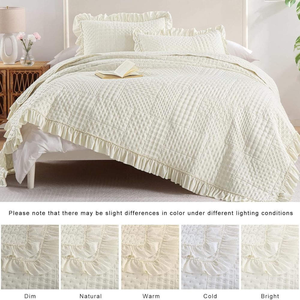 DJY Beige Queen Set Ruffled Quilt Set 3 Pieces Ultrasonic Quilt with Classic Patchwork Pattern Soft Microfiber Reversible Bedspread All Seasons Bedding Set (Queen Beige 96"x90") - Image 7