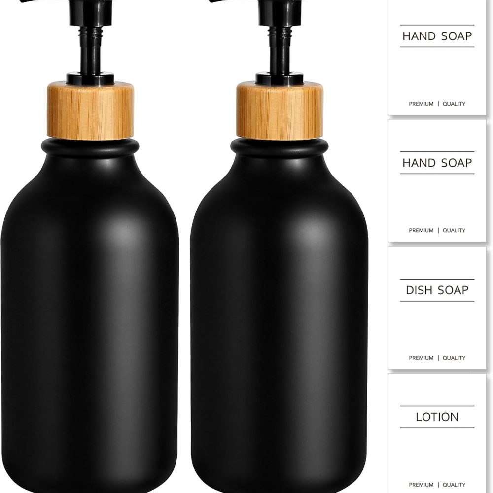 Hand Soap Dispenser Bathroom, Black Dish Soap Dispenser for Kitchen, 17 Fl Oz Plastic Hand and Dish Soap Dispenser Set with Bamboo Pump, 2 Pack Refillable Liquid Lotion Dispensers Bottle