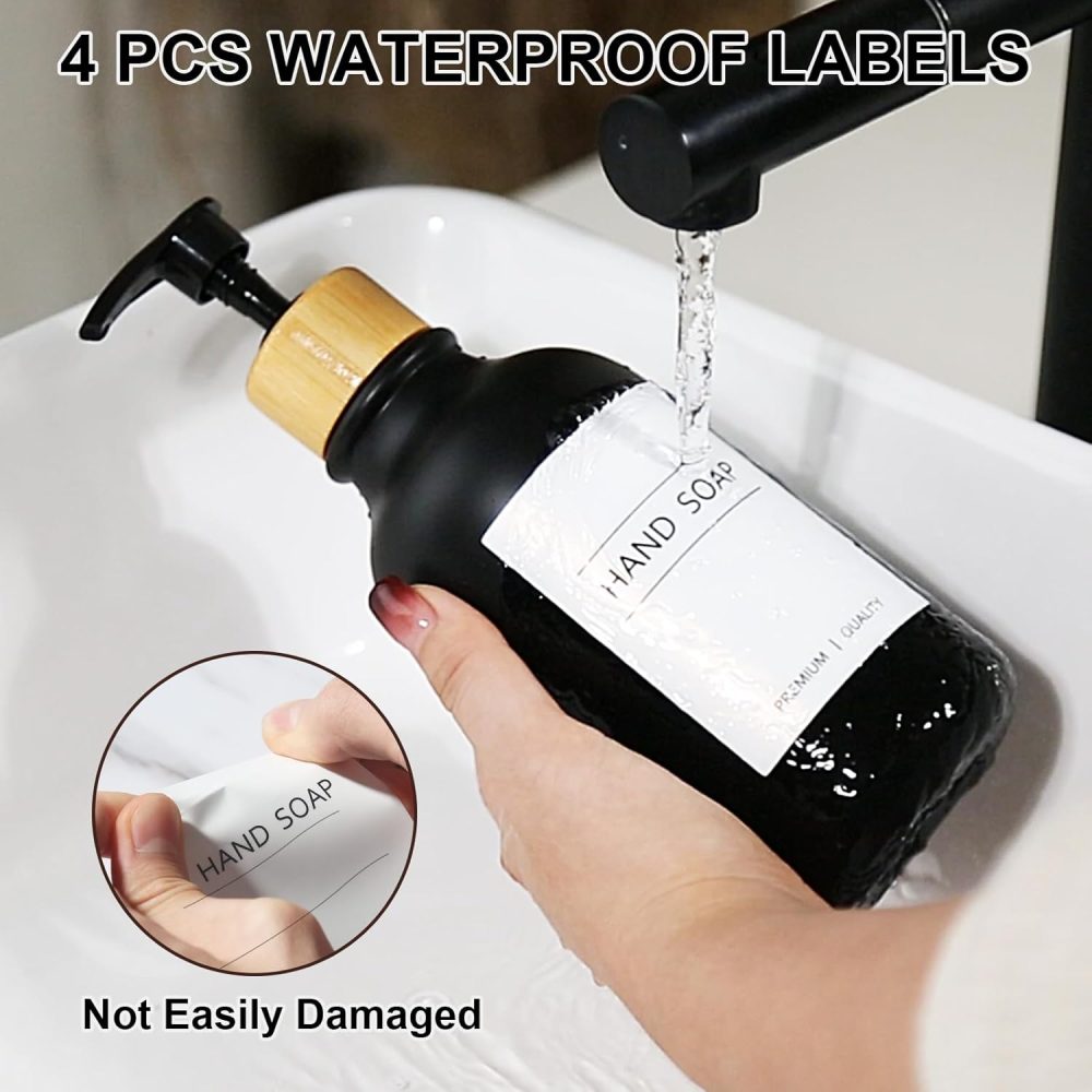 Hand Soap Dispenser Bathroom, Black Dish Soap Dispenser for Kitchen, 17 Fl Oz Plastic Hand and Dish Soap Dispenser Set with Bamboo Pump, 2 Pack Refillable Liquid Lotion Dispensers Bottle - Image 3