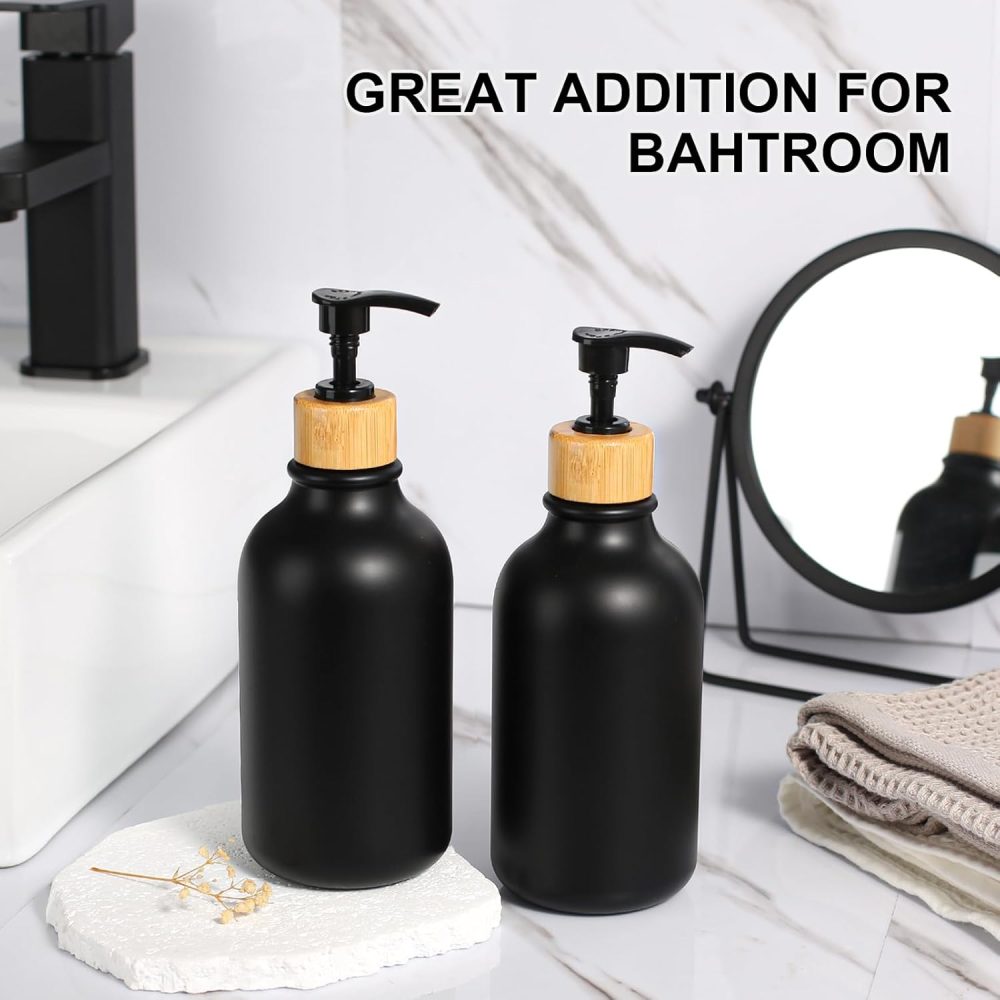 Hand Soap Dispenser Bathroom, Black Dish Soap Dispenser for Kitchen, 17 Fl Oz Plastic Hand and Dish Soap Dispenser Set with Bamboo Pump, 2 Pack Refillable Liquid Lotion Dispensers Bottle - Image 5