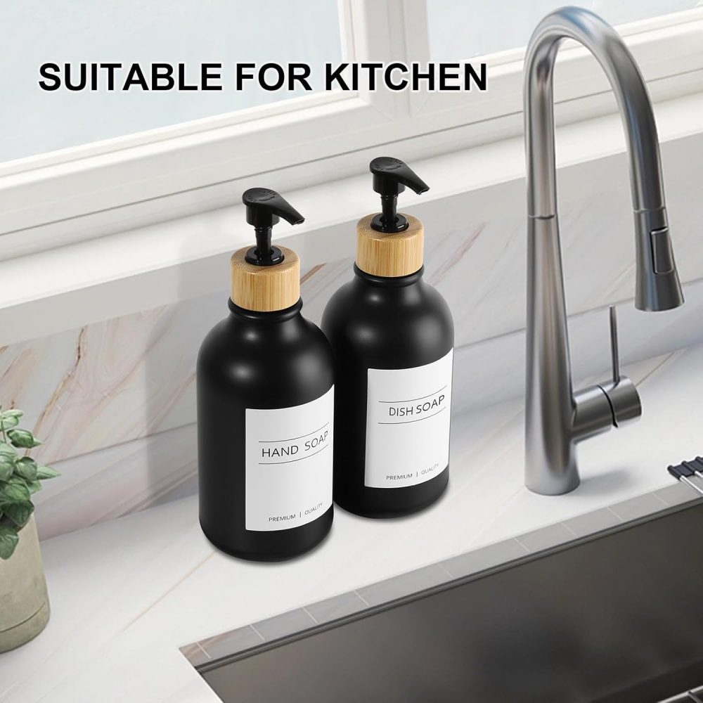 Hand Soap Dispenser Bathroom, Black Dish Soap Dispenser for Kitchen, 17 Fl Oz Plastic Hand and Dish Soap Dispenser Set with Bamboo Pump, 2 Pack Refillable Liquid Lotion Dispensers Bottle - Image 6