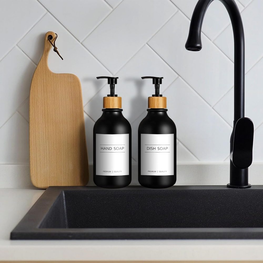 Hand Soap Dispenser Bathroom, Black Dish Soap Dispenser for Kitchen, 17 Fl Oz Plastic Hand and Dish Soap Dispenser Set with Bamboo Pump, 2 Pack Refillable Liquid Lotion Dispensers Bottle - Image 7
