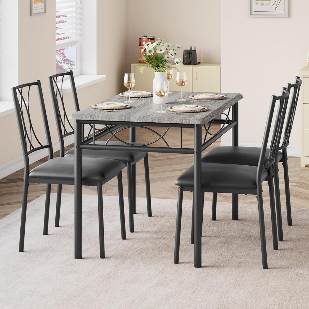 IDEALHOUSE Dining Table Set for 4, Kitchen Table and Chairs Set for 4, Rectangular Kitchen Table Set, 5 Piece Small Dining Table Set with Upholstered Chairs for Apartment, Small Space, Retro Gray - Image 7