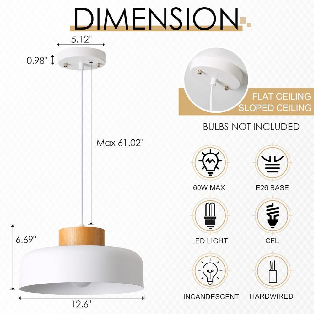 Modern Pendant Lights Kitchen Island, 12.6 inch,Natural Wood Cap, Drum Simple Ceiling Hanging Light Fixture for Dining Room, Table, Matte White - Image 3
