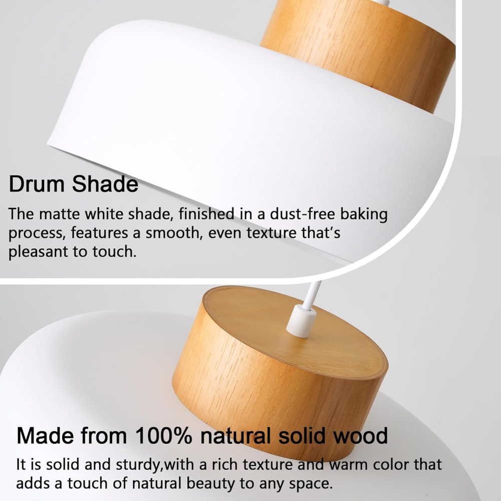 Modern Pendant Lights Kitchen Island, 12.6 inch,Natural Wood Cap, Drum Simple Ceiling Hanging Light Fixture for Dining Room, Table, Matte White - Image 4