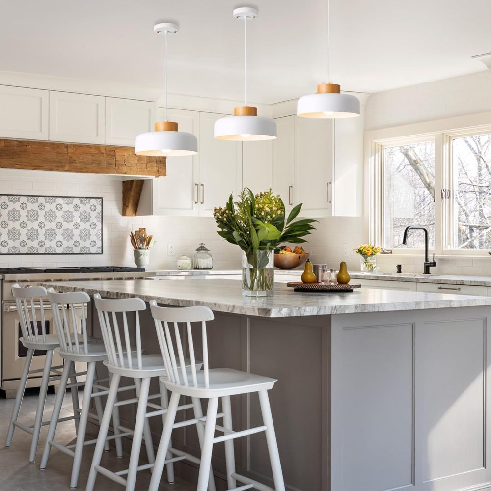 Modern Pendant Lights Kitchen Island, 12.6 inch,Natural Wood Cap, Drum Simple Ceiling Hanging Light Fixture for Dining Room, Table, Matte White - Image 7