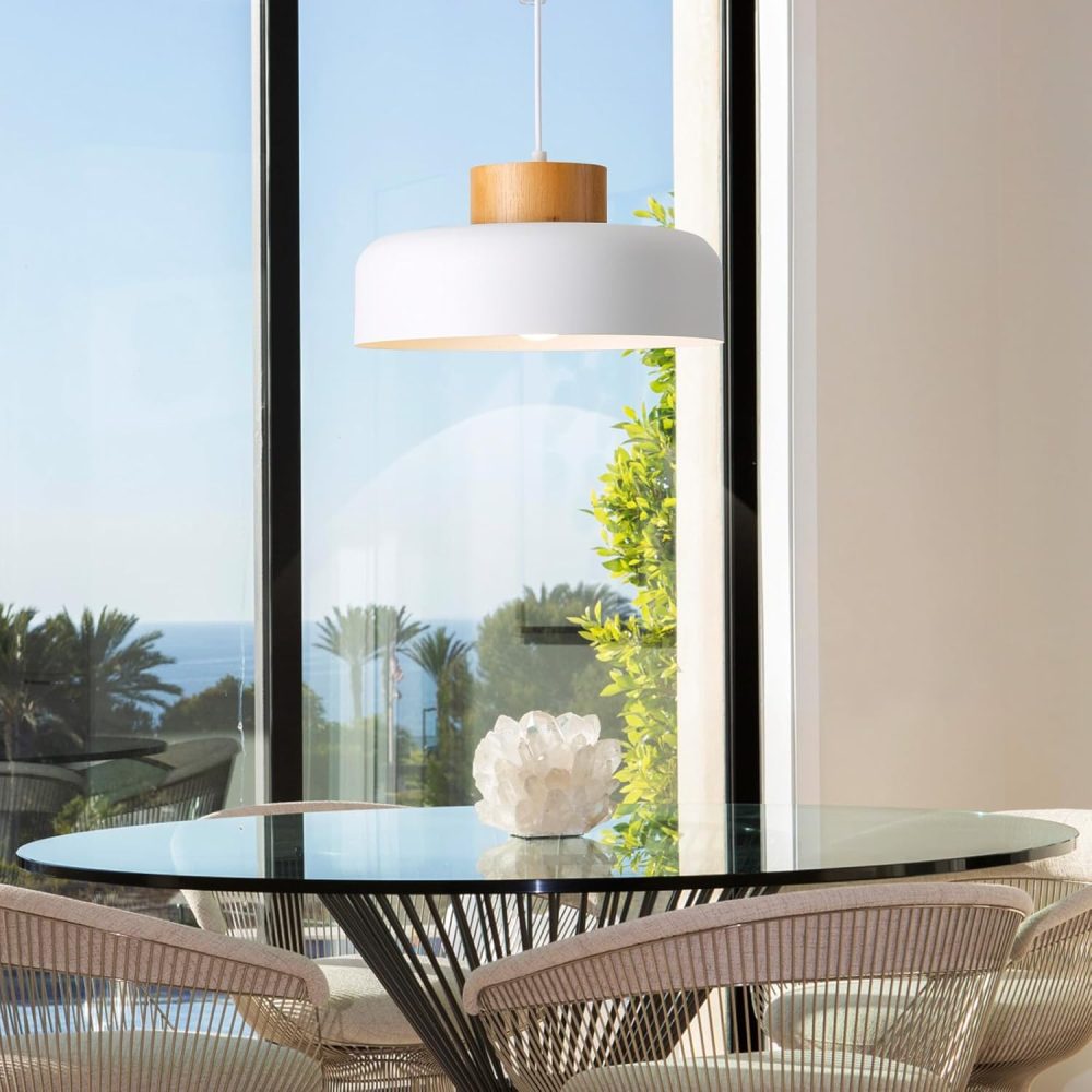 Modern Pendant Lights Kitchen Island, 12.6 inch,Natural Wood Cap, Drum Simple Ceiling Hanging Light Fixture for Dining Room, Table, Matte White - Image 8