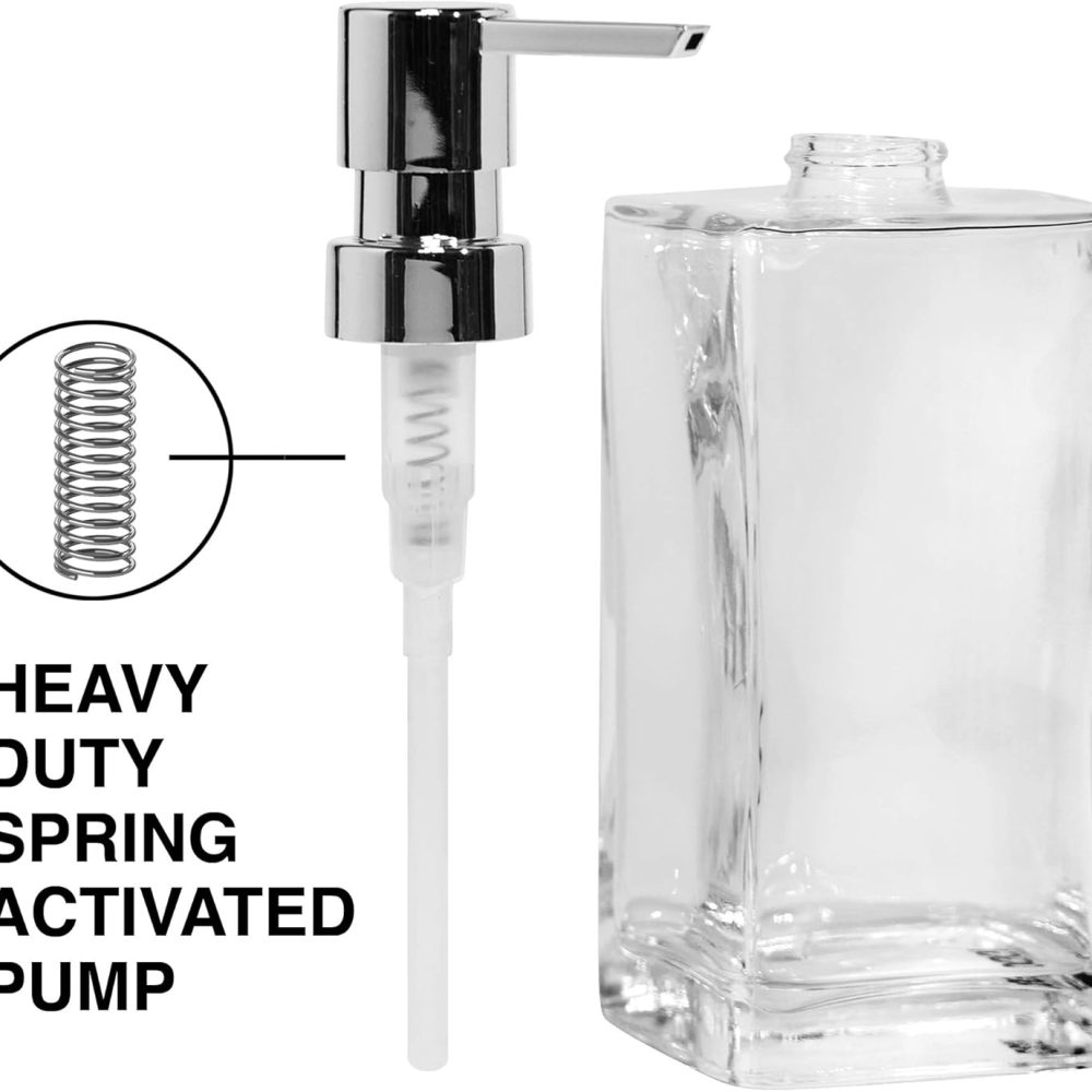 OGGI Square Glass Soap Dispenser - 13oz, Heavy Glass, Rustproof Pump - Ideal Hand Soap Dispenser, Bathroom, Kitchen Dish Soap Dispenser, Hand Sanitizer Dispenser, Clear/Chrome - Image 4