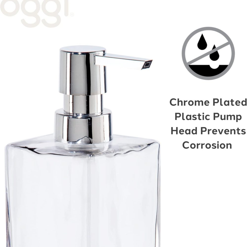 OGGI Square Glass Soap Dispenser - 13oz, Heavy Glass, Rustproof Pump - Ideal Hand Soap Dispenser, Bathroom, Kitchen Dish Soap Dispenser, Hand Sanitizer Dispenser, Clear/Chrome - Image 5