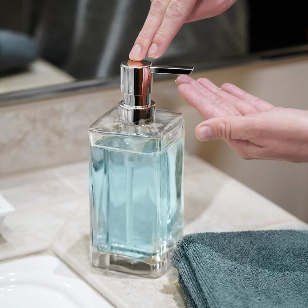 OGGI Square Glass Soap Dispenser - 13oz, Heavy Glass, Rustproof Pump - Ideal Hand Soap Dispenser, Bathroom, Kitchen Dish Soap Dispenser, Hand Sanitizer Dispenser, Clear/Chrome - Image 6