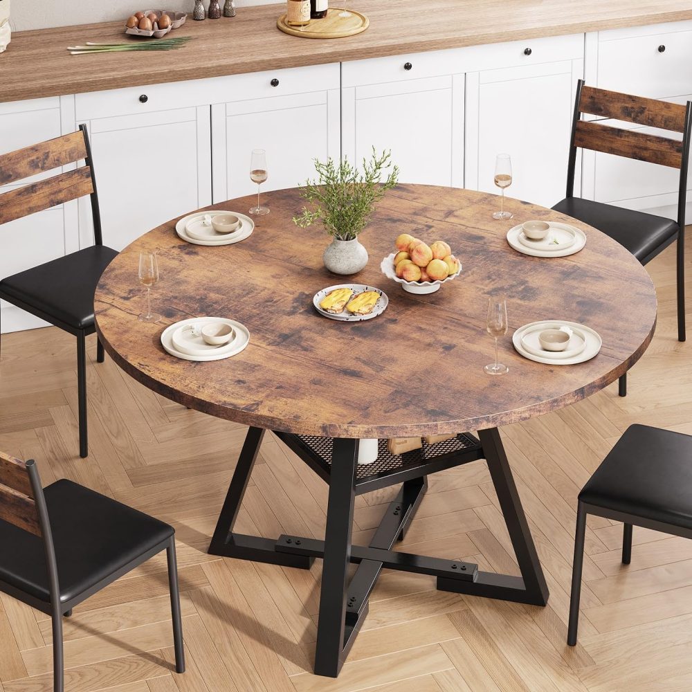 Rustic Brown Round Pedestal Dining Table - Space Saving Wood Kitchen & Dining Room Table, 47In - Image 3