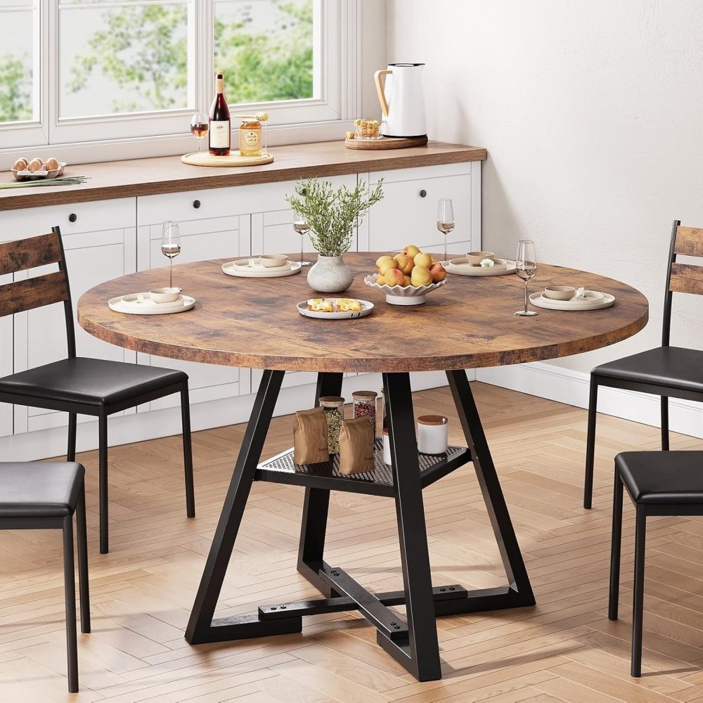 Rustic Brown Round Pedestal Dining Table - Space Saving Wood Kitchen & Dining Room Table, 47In - Image 4