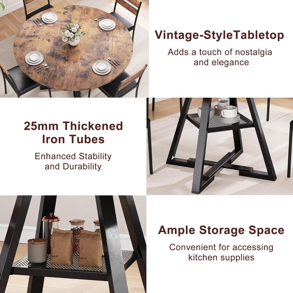 Rustic Brown Round Pedestal Dining Table - Space Saving Wood Kitchen & Dining Room Table, 47In - Image 5
