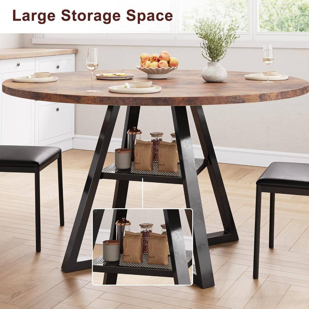 Rustic Brown Round Pedestal Dining Table - Space Saving Wood Kitchen & Dining Room Table, 47In - Image 6