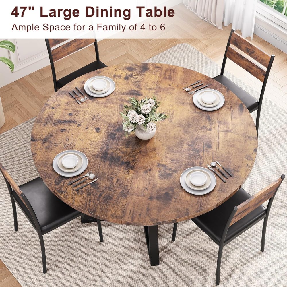 Rustic Brown Round Pedestal Dining Table - Space Saving Wood Kitchen & Dining Room Table, 47In - Image 7