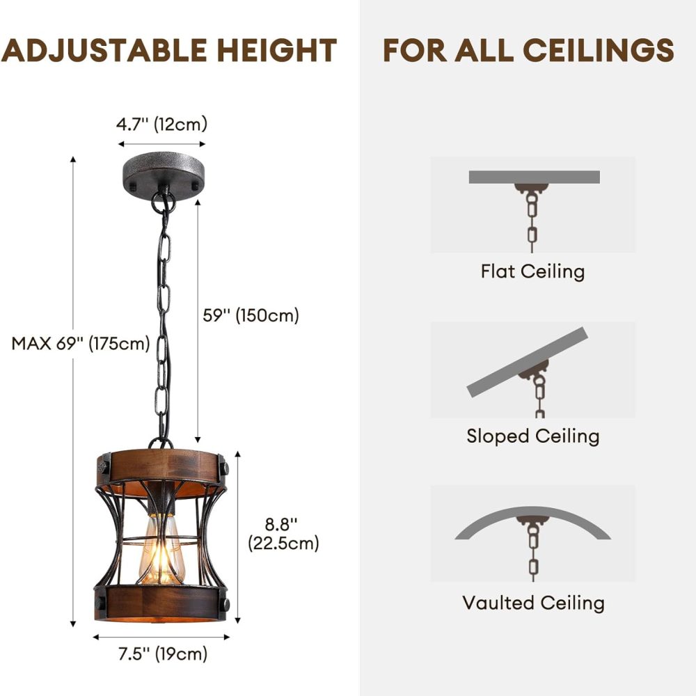 Rustic Chandelier, Modern Farmhouse Chandeliers for Dining Room, Wood Lantern Pendant Lights for Kitchen Island Foyer Hallway Bar, 1-Light Antique Light Fixtures for All Ceilings D 7.5" x H 8.8" - Image 4